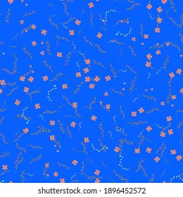 Childrens texture. Small flowers. Seamless floral blue pattern of flowers and branches with leaves. Delicate shades.