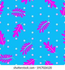 Childrens texture. Vector. Leaves seamless pattern. Bright trendy leaf tones in a contemporary style. On a bright blue background with polka dots.