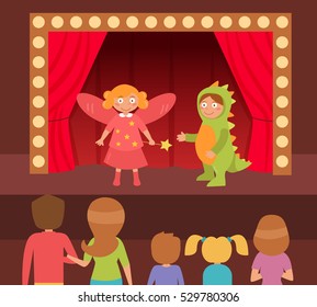 Children's theatrical performance. Dinosaur and fairy. Theatre stage. Vector. Cartoon. Isolated. Flat