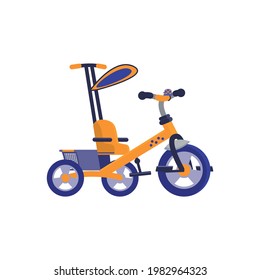 Childrens and toddlers tricycle cartoon flat vector illustration isolated on white background. Modern colorful pedal bike or bicycle for small children.