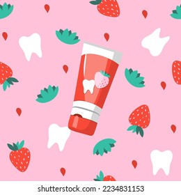 Children's toothpaste gel with strawberry flavor, kids seamless pattern with tube of paste, berries, teeth. Cute flat vector illustrations for advertisement, cover, background, textile, package.