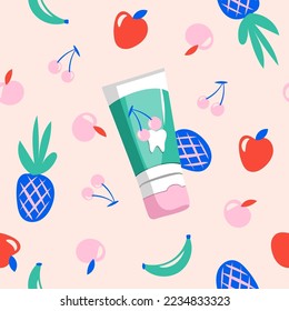 Children's toothpaste gel with tuti frutti flavor, kids multi fruit seamless pattern with tube of paste, berries, teeth. Cute flat vector illustrations for advertisement, cover, background, package.