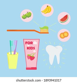 Children's toothpaste tubes and toothbrush set. Dental care for children. Toothpaste with different flavors: strawberry, banana, orange, apple, watermelon. A sparkling tooth