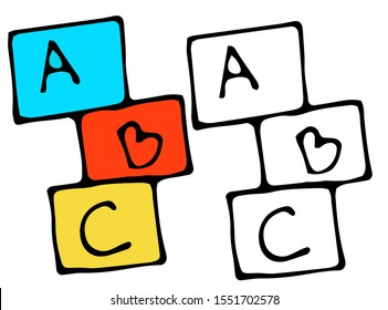 children's towers from cubes with letters on a white background doodles. black and white and color.