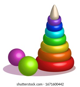 Children's toy 3D - a rainbow pyramid and two balls. Vector.