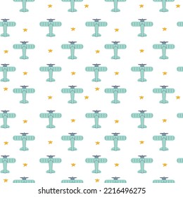 Children's toy aeroplane and stars pattern. Vector