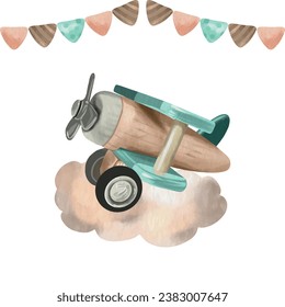 Children's toy airplane on a cloud, flags. Vector illustration in watercolor style. Greeting cards, baby shower, children's room, invitations.