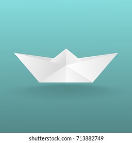 Children's toy boat made of paper. With a shadow on a turquoise background. Vector image.