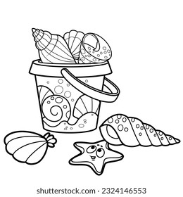 Children's toy bucket for playing in the sandbox full of sea shells outlined on white background