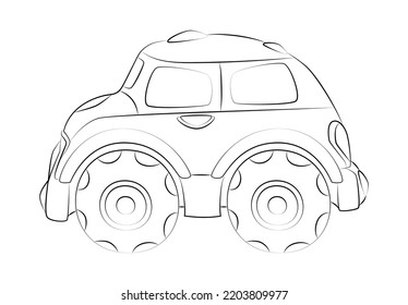 Children's toy car. Cute monster truck. Automobile with huge wheels. Use in games, stickers, printing on paper or fabric, for design of children's rooms, nursery, clothing, textiles, coloring book