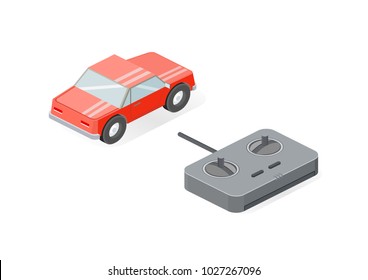 Children's toy car. Game car and remote controller isolated on white background. Isometric vector illustration.