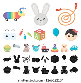 Children's toy cartoon, black icons in set collection for design. Game and bauble vector symbol stock web illustration.
