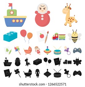 Children's toy cartoon, black icons in set collection for design. Game and bauble vector symbol stock web illustration.