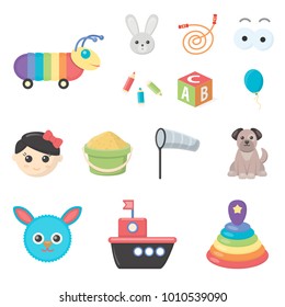 Children's toy cartoon icons in set collection for design. Game and bauble vector symbol stock web illustration.
