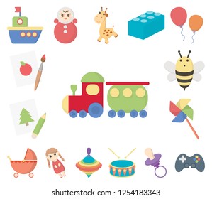 Children's toy cartoon icons in set collection for design. Game and bauble vector symbol stock web illustration.