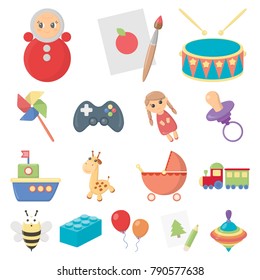Children's toy cartoon icons in set collection for design. Game and bauble vector symbol stock web illustration.