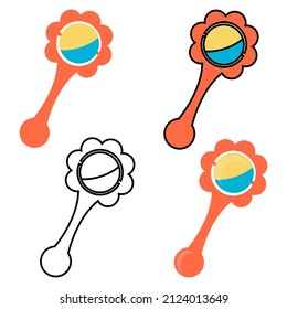 children's toy colorful rattle, coloring book drawing, children's book illustration, flat graphics black outline