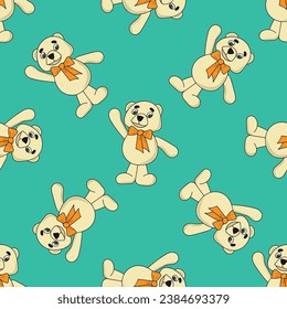 Children's toy cute teddy bear with a bow seamless pattern on a blue background