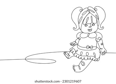 Children's toy. Doll in a dress. World Doll Day. One line drawing for different uses. Vector illustration.