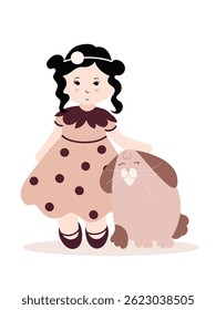 Children's toy doll in a light dress with black hair with a cute rabbit. Little girl with a rabbit. Vector illustration, clipart
