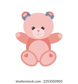 Childrens toy for girls pink teddy bear. For interior decoration, postcards, packaging. Vector illustration.