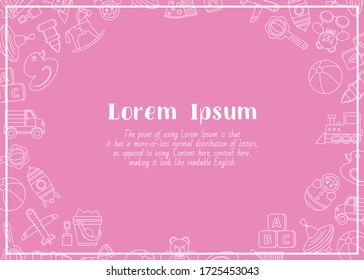 Children's toy - horizontal card with text and vector outline illustrations of bear, ball, horse, car, train, duck, blocks and doll for graphic design