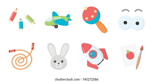Children's toy icons in set collection for design. Game and bauble vector symbol stock web illustration.