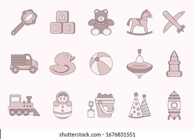 Children's toy Icons set - Vector color symbols of bear, ball, horse, car, train, duck, blocks and doll for the site or interface