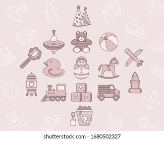 Children's toy Icons set - Vector color symbols and outline of bear, ball, horse, car, train, duck, blocks and doll for the site or interface