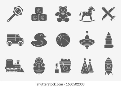 Children's toy Icons set - Vector silhouettes of bear, ball, horse, car, train, duck, blocks and doll for the site or interface