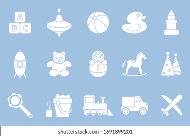 Children's toy Icons set - Vector silhouettes of bear, ball, horse, car, train, duck, blocks and doll for the site or interface