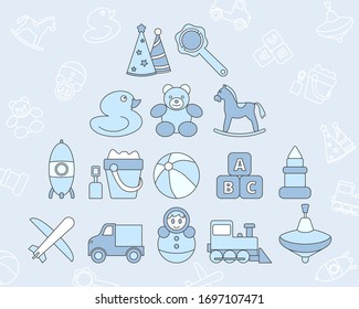 Children's toy Icons set - Vector color symbols and outline of bear, ball, horse, car, train, duck, blocks and doll for the site or interface
