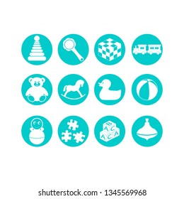 children's toy icons set. Set of white flat symbols isolated on turquoise background
