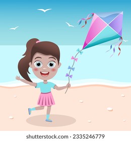 Children's toy kite flat clipart vector illustration.spending holidays in the seaside.cute kid colorful summer illustration.Happy vacation.Child playing with air kites and fly it to sky.Beach banner.