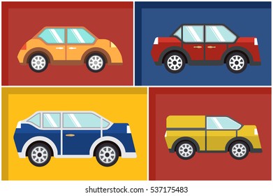 Children's toy machines.Set of cars sedan,SUV,cargo delivery minivan.Off-road car. In flat style a vector.The cartoon vehicle for the city transport.For the websites and mobile applications 