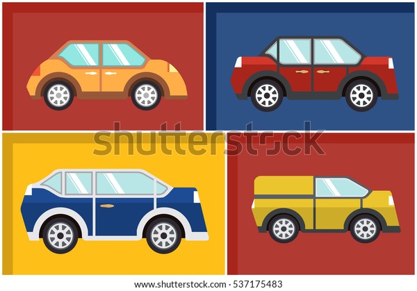 Children\'s toy machines.Set of cars sedan,SUV,cargo\
delivery minivan.Off-road car. In flat style a vector.The cartoon\
vehicle for the city transport.For the websites and mobile\
applications 