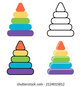 children's toy multicolored pyramid of rings, coloring book drawing, children's book illustration, flat graphics black outline