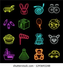 Children's toy neon icons in set collection for design. Game and bauble vector symbol stock web illustration.