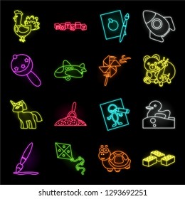 Children's toy neon icons in set collection for design. Game and bauble vector symbol stock web illustration.