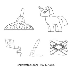 Children's toy outline icons in set collection for design. Game and bauble vector symbol stock web illustration.