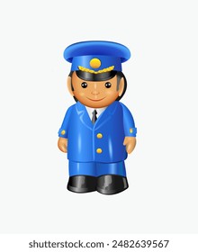 Children's toy postman in blue uniform on white background. Vector illustration