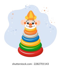 Children's toy pyramid with a clown's head. Clown pyramid on a background with stars. Illustration, vector