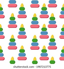 Children's toy pyramid seamless pattern, a bright game from multi-colored parts on a white background vector illustration