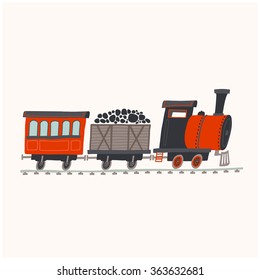 Children's toy red steam locomotive. Cartoon vector eps 10 illustration isolated on white background.