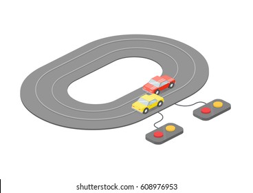 Children's toy road. Racing. Car battle. Isometric vector illustration.