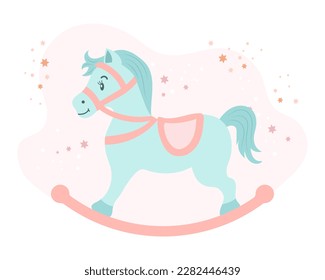 Children's toy rocking horse on a background of stars. Children's card, vector