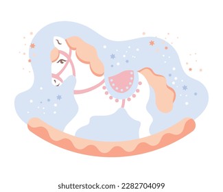 Children's toy rocking horse on a background of stars. Children's card, vector