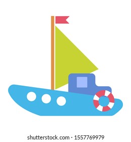 Children's toy sailboat boat for boys and girls with a sail and a flag. Vector illustration in cartoon flat style.