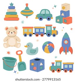 Children's toy set collection with teddy bear, pyramid, train, rocket, and car. Vector flat illustration of baby play equipment on white background. A large set of children's toys in a flat style with soft pastel colors. The collection includes a teddy bear, a stacking pyramid, a toy train, a space rocket, a rubber duck, building blocks, a spinning top, a ball, a car, and sand toys (bucket and shovel). Perfect for nursery decor, early childhood education, and baby store branding.
