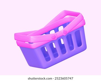 A children's toy shopping cart in purple and pink tones. 3D basket for shop. Vector illustration